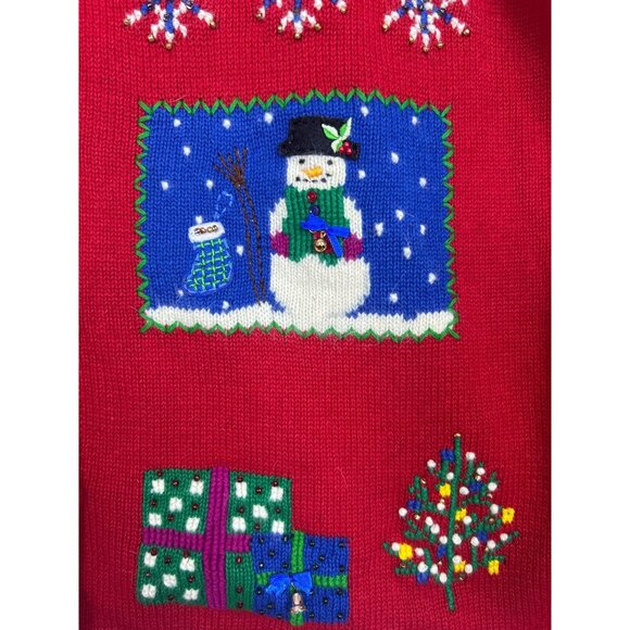 Vtg 90's Christmas Knit Cardigan Sweater Women's XL Red Tree Snowman Snowflakes - Picture 7 of 16